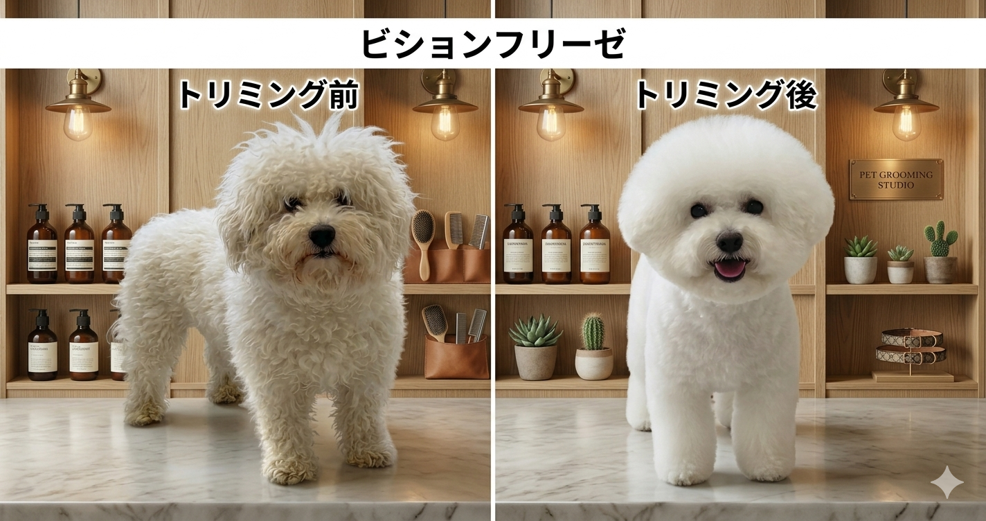 ビションフリーゼの劇的な変化。トリミング前後のビフォーアフター。