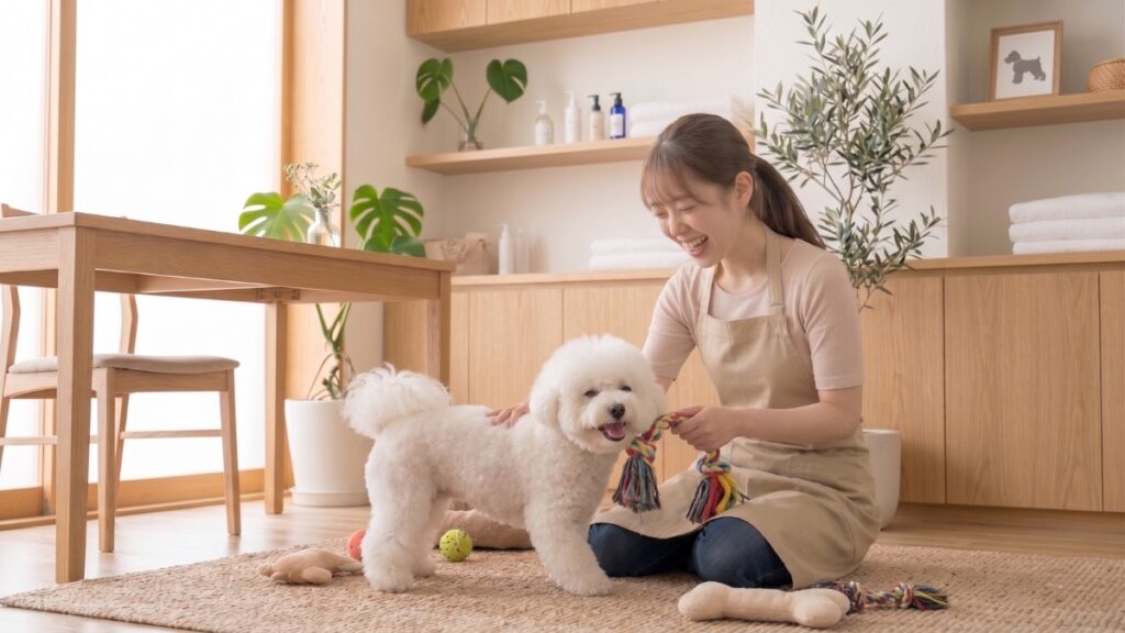 エプロン姿の女性が白いビションフリーゼとおもちゃを使って遊んでいる様子