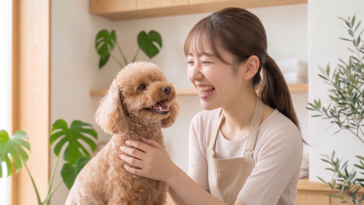 エプロン姿の女性がアプリコットカラーのトイプードルを鞘しく撫でながらお互いに見つめあって笑顔で過ごしている
