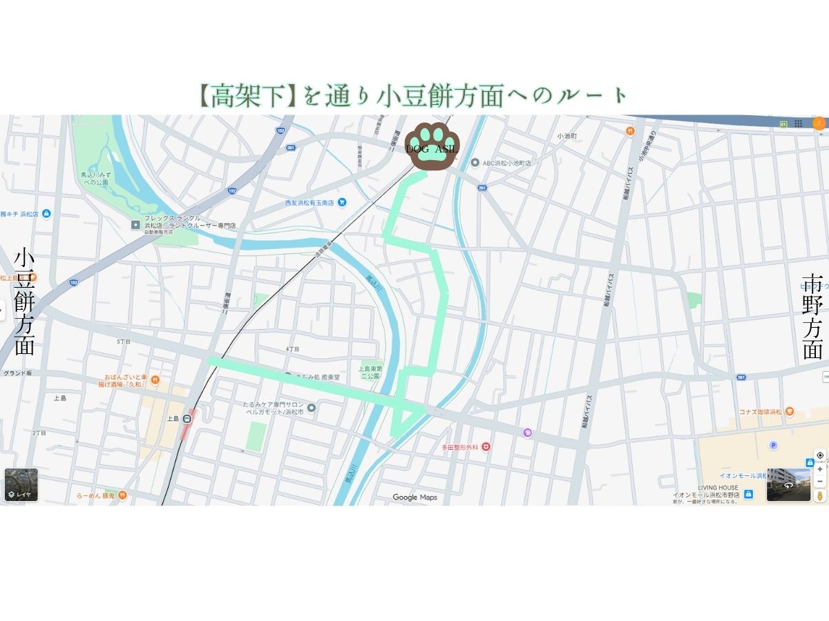 浜松市のトリミングサロン「ドッグアシル」への小豆餅方面からのアクセスルートマップ。「【高架下】を通り小豆餅方面へのルート」のタイトルがあり、市野方面との位置関係、店舗を示す肉球マークと高架下を通過するミントグリーンの案内線が描かれた地図画像。