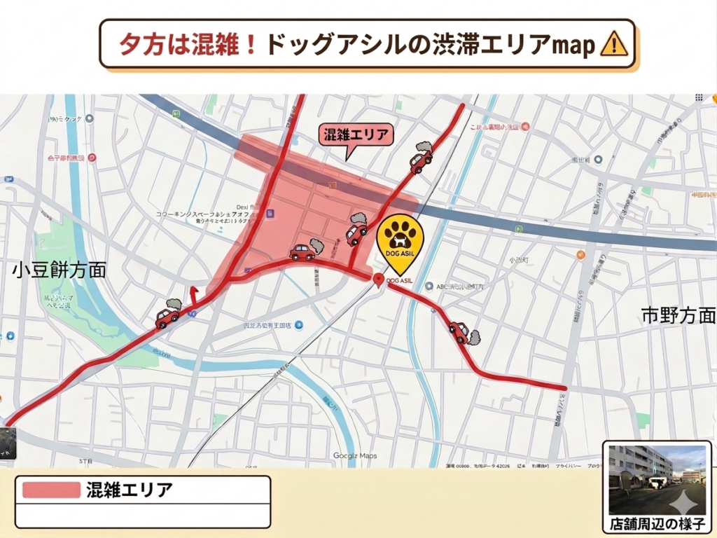 浜松市のトリミングサロン「ドッグアシル」周辺の渋滞・混雑エリアマップ。小豆餅方面や市野方面から店舗へ向かう際の夕方の混雑道路を赤線で表示。