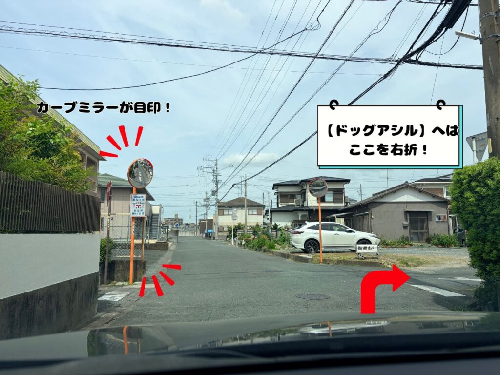 トリミングサロン「ドッグアシル」直前の交差点案内。左手にあるオレンジの柱のカーブミラーを目印に、赤い矢印に沿って右折するルートを示した道路写真。