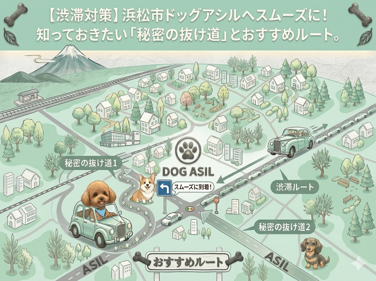 トリミングサロン「ドッグアシル」の渋滞対策を案内する手書き風イラストマップ。「秘密の抜け道」や「おすすめルート」で混雑を避けてスムーズに到着できるイメージを描いた画像。
